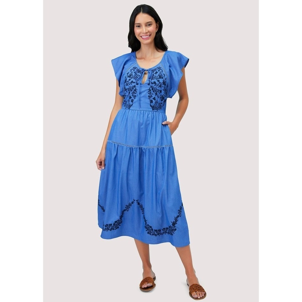 NWT Lost + Wander Riviera Midi Dress Blue Embroidered A-line Tiered Pocket Small - Picture 2 of 16